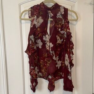 Chic Floral Ruffle Cold Shoulder Blouse - Burgundy and White